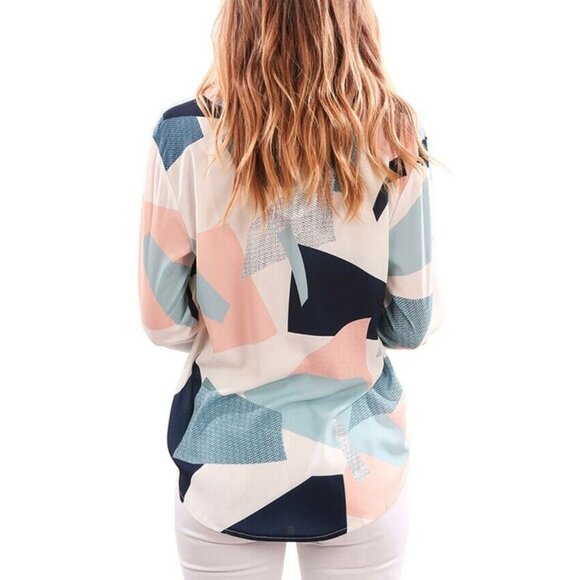 Pastel Colors Women's V-Neck Abstract Geometric Print Long Sleeve Blouse XL - Picture 2 of 3